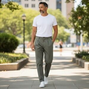 Geoffrey Beene Men Pleated Khaki Cotton Pants Size 34x32 Casual Dress Trousers